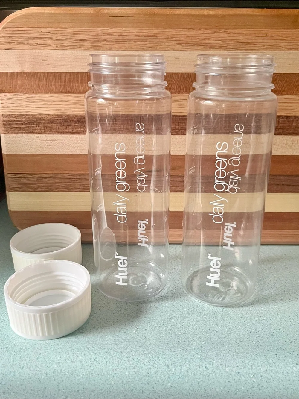 2 Huel Daily Greens Bottles BPA Free Clear with White Lid Dishwasher Safe 13.5oz